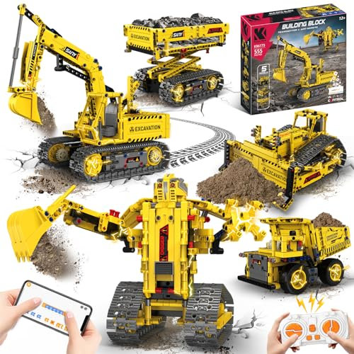Ulikey Technik Ferngesteuert Bauspielzeug für Kinder, 5 in 1 Technik Roboter Kinder Spielzeug Roboter, Bagger, Bulldozer, Muldenkippe, Gabelstapler per APP und Fernbedienung Geschenk für 8-12 Jahren