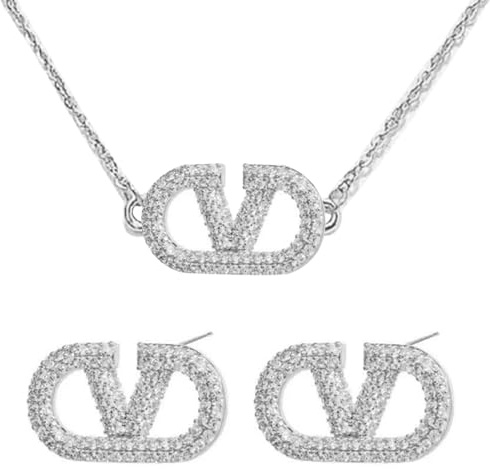 Parure Ensemble Bijoux Femme - Collier et Clous Set V Géométriques avec Boucle d'Oreille et Pendentif Carré - Accessoires Mode pour Femmes et Filles - Cadeaux