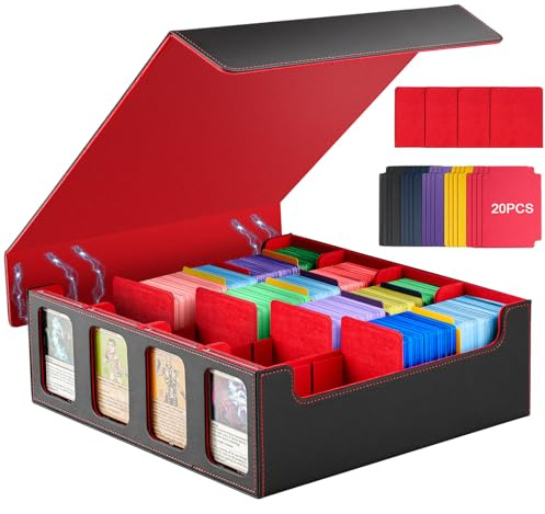TiMOVO MTG Deck Box, Magnetic Trading Card Storage Case Holds 3000+ Sleeveless Cards with 20 Colorful Dividers & 4Pcs Card Supporters, 4 Rows Commander Card Deck Box for Magic Game Cards, Black + Red