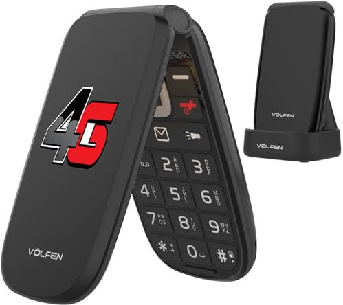 Volfen Astro Flip 4G - Teléfono Móvil para Personas Mayores con Tapa, Teclas Grandes y Pantalla XXL de 2,8”, Botón SOS, Fácil De Usar, Base de Carga USB-C, Doble SIM (Negro)