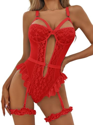 NLAND Completo Intimo Donna Lingerie in Pizzo Push Up Reggiseno Ritaglio Intima Body a Rete con Reggicalze(Rosso,Taglia Unica)
