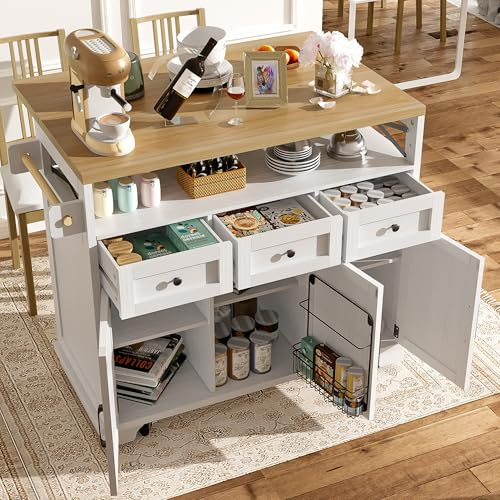 Huayz Carrello da cucina con piano di lavoro (118x43x98 cm), carrello da cucina con ruote, isola da cucina a libera installazione con 3 cassetti e porta snack e porta asciugamani, carrello da cucina