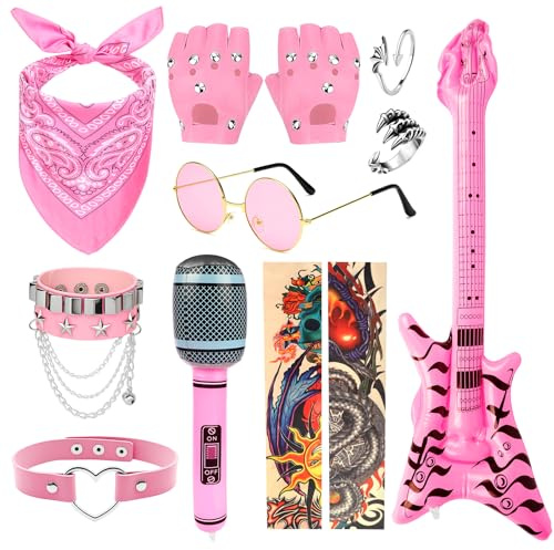 Set di 10 accessori per travestimento da rock star, gotico punk, con microfono gonfiabile per chitarra, bandana, maniche tatuate, anelli, punk rocker, accessori per adulti e bambini anni '80