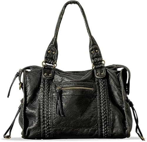 Starnearby Sac à Main Vintage Femme, Sac City Bag Tendance, Sacs Fourre-tout Femme en Cuir PU, Hobo Sacs Bandoulière Rétro pour Ecole, Travail ou Voyage (A-noir)