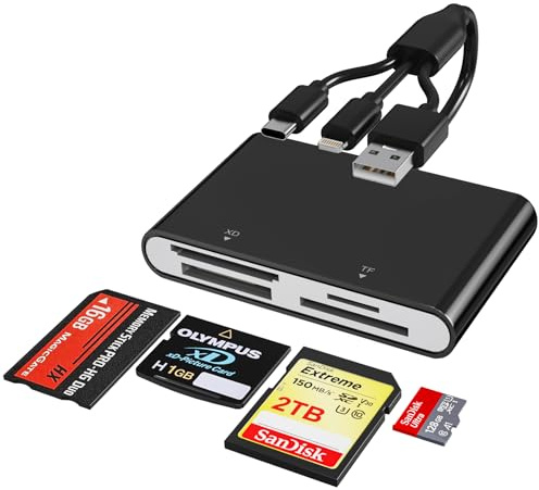 Memory Stick Pro Duo Reader - 4-in-1 Multi Memory Card Reader with Triple Lightning/USB-C/USB-A for SD/Micro SD/MS/xD-Picture Card, Sony Cybershot Memory Stick Pro Duo Adapter for iPhone Android PC