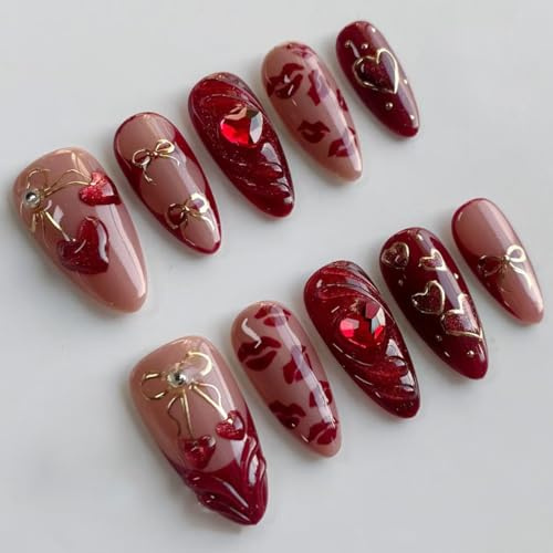 Red False Nails - 30pcs Medium Press On Nails Almond - 3D Red Heart Bow Stick On Nails - Acrylic Full Cover ChristmasValentine's Day Festive Fake Nails Gift For Women