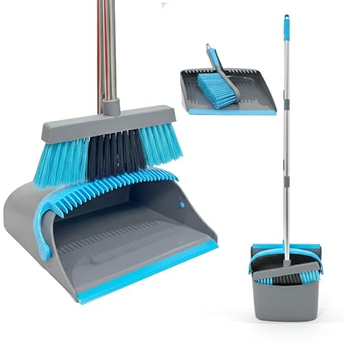UR CHOICE Long Handled Dustpan and Brush Set 110cm – Upright Standing Broom with Comb Teeth, No-Bend Sweeping for Laminate Tile Vinyl, Pet Hair Indoor Outdoor Cleaning, Grey Blue