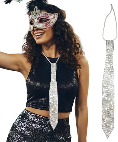 ROKZELT Cravatta con strass da donna, anni '70 Cravatta con paillettes, cravatta, luccicanti, con elastico, pre-legato, addio al celibato, carnevale, Halloween