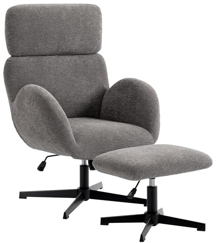 HOMCOM Poltrona Relax Girevole con Poggiapiedi in Velluto Texture a Goccia Morbido, Poggiatesta e Altezza Regolabile, Schienale Largo, Poltrocina Camera da Letto, Funzione Dondolo, Braccioli, Grigio