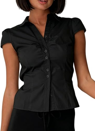 Betrodi Womens Y2k Button Up Shirt Short Sleeve V Neck Cropped Blouse Tie Back Slim Fit Collared Top Cute Preppy Coquette Tops