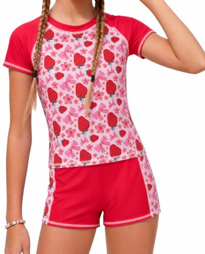 JiAmy Barn baddräkt tvådelad pojke flicka baddräkt kortärmad UV skjorta badshorts badkläder baddräkt set barn badmode 4–9 år, Röda jordgubbar, 8-9 år