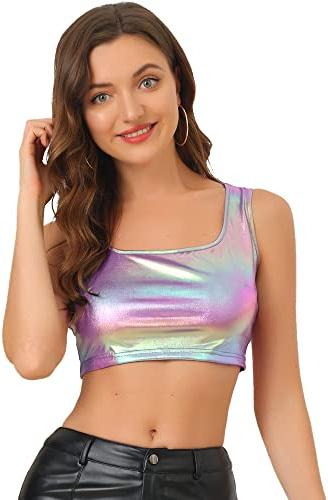 Allegra K Damen Metallic Crop Top Party Tanktop Ärmellos Glänzend Club Bauchfrei Oberteil Helles Lila S