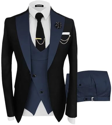 Wangyue Mens Suit 3 Piece Slim Fit Suits for Men Wedding Prom Tuxedo for Men Formal Business Suit, Black-Navy, XL