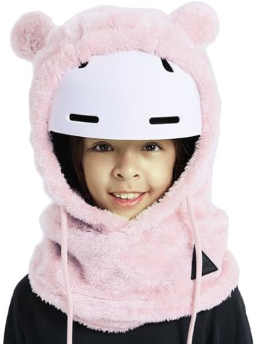 Winter Skiing Warm Helmet Covers for Adults and Kids, Cute Bear Ears Plush Windproof Outdoor Sports Face Cover for Half Helmets (Helmet Not Included)-K