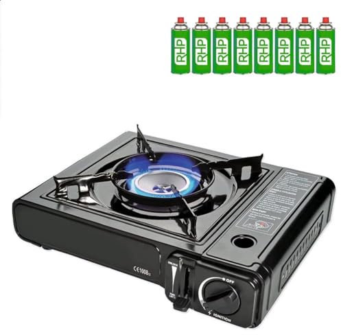 RHP Réchaud à gaz d'extérieur - Avec 8 cartouches de gaz à baïonnette - Pour camping, voyage, vacances, randonnée, pique-nique, jardin - Avec mallette pratique
