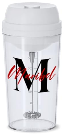 DEREGALOOS Vaso Mezclador Eléctrico Personalizado con Inicial y Nombre. Shaker Recargable para Oficina o Gimnasio. Regalo Original. Diseño Elegante para Café, Batidos o Suplementos (Blanco)