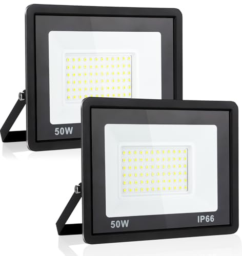 Fynokst 50W Focos LED Exterior Interior, 5400LM Súper Brillante Foco LED Exterior Interior, 6000K Luz Fría, IP66 Impermeable Luz Exterior para Jardín, Garaje, Campo de Deportes, 2 Piezas