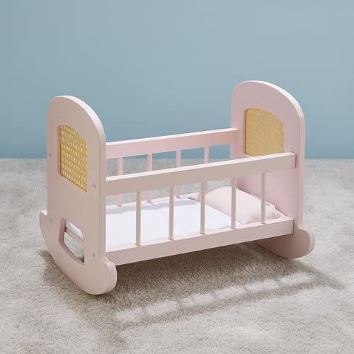 Wooden Doll Cradle, Pink with Rattan Details, 47.3 x 37.2 x 37.6 cm, Includes Mattress and Pillow