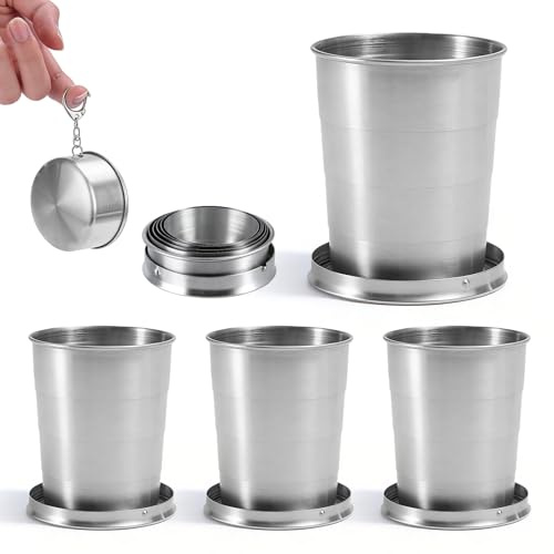 4 Pièces Portable Tasse Pliable Inox, 250ml Acier Inoxydable Gobelet Retractable, Tasse Pliable Portable en Acier Inoxydable, Pliable Gobelet Inox Tasse Camping Verre Inoxs pour Pique-nique, Camping