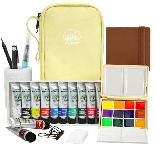 Funto Mini Set d'Aquarelle de Voyage, Kit d'Art de Voyage Rechargeable 12 Couleurs, Fournitures de Peinture Mini Tout-en-Un avec Sac, Matériel d'Art pour Tous Niveaux, Amateurs et Artistes