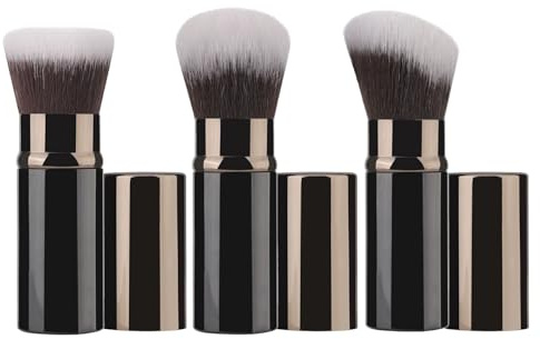 Lot de 3 pinceaux de maquillage rétractables Kabuki de voyage pour fond de teint et blush avec couvercle, outils cosmétiques portables pour poudre bronzante