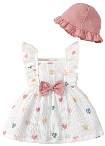 JENJON Conjunto Vestido y Gorro para Niña Pequeña Mangas con Volantes Estampado de Corazones/Flores de Algodón Lino Ropa de Primavera Verano Corazón Blanco 2-3 Años