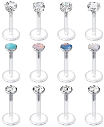 LAURITAMI Joyería de piercing de labret 16G, barra plana trasera/tachón retenedor de labio, barra de plástico transparente de 6 mm/8 mm, tops de empuje a presión de circonita cúbica blanca/ópalo de 3
