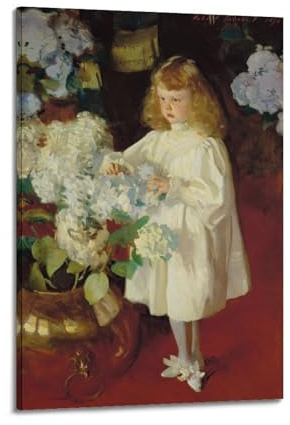 John Singer Sargent Famous Painting Posters Girl Portrait with Vase of White Hydrangeas FlowersPicture Print Canvas Wall Paint Arts Decor Modern Home Artworks 16x24inch(40x60cm)