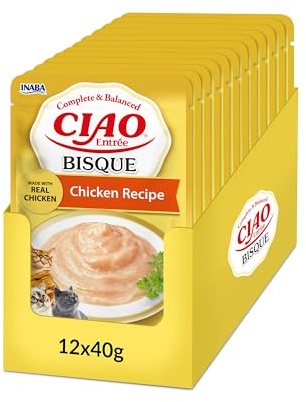 INABA Ciao Entrée Bisque, Comida Húmeda para Gatos, Comida Completa y Equilibrada con Pollo, Puré Cremoso Elaborado con Ingredientes Naturales, Alta Humedad, para Gatos Adultos, 12 x 40 g