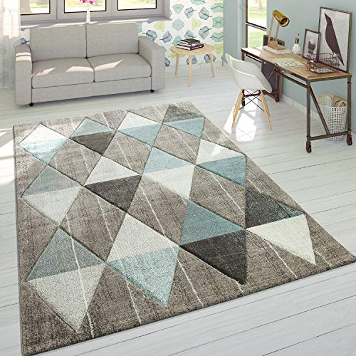 Paco Home Designer Teppich Modern Konturenschnitt Pastellfarben Rauten Design Beige Blau, Grösse:120x170 cm