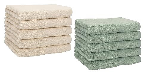 Betz 10 Stück Gästehandtücher Premium 100% Baumwolle Gästetuch Set 30x50 cm Sand und heugrün