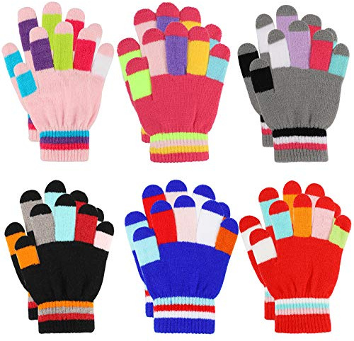 Jupsk Kids Winter Knitted Stretchy Warm Gloves - Colorful Stripe Magic Full Finger Gloves for Boys & Girls, Unisex, 5-10 Years Old, 6 Pairs