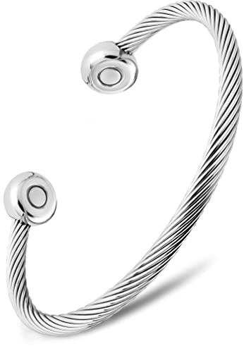 MagnetRX® Magnetic Bracelet Cuff - Twisted Cable Stainless Steel Bangle Magnetic Bracelets - Elegant Golf Bracelet Men & Women (Silver | Medium)