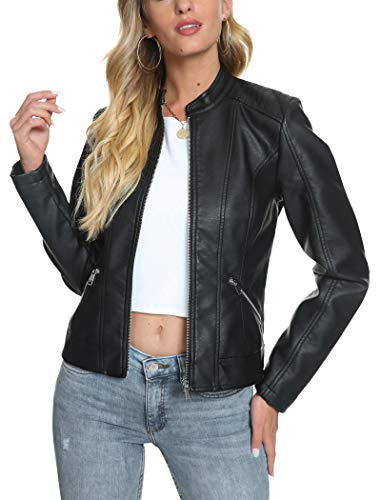 Fahsyee Veste de moto courte en similicuir avec fermeture éclair pour femme, 3-Noir, XX-Large