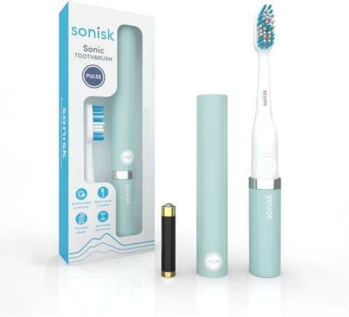 Sonisk Pulse | Spazzolino elettrico alimentato a batteria | Formato da viaggio portatile con tecnologia antimicrobica Sonic | 1 batteria, 2 testine, 1 custodia da viaggio inclusa (verde acqua)