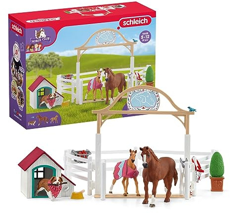 SCHLEICH 42458 Horse Club Hannahs Gastpferde mit Hündin Ruby, 33 Teile Spielset mit 2X Pferde Figur, 1x Hunde Figur und Zubehör, Spielzeug für Kinder ab 5 Jahren