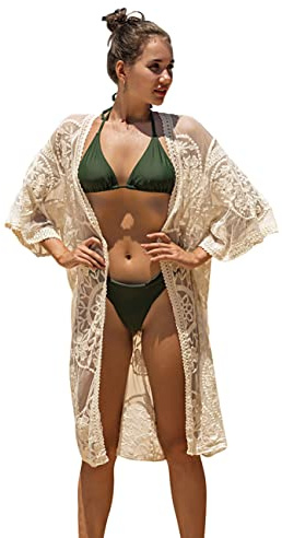 Leisofter Cardigan Kimono pour Femme, Couverture de Bikini d'été, Ample, Long bohème, Couverture de Bikini légère, pour Femme, Robe de Plage, Beige Fleur, Taille Unique