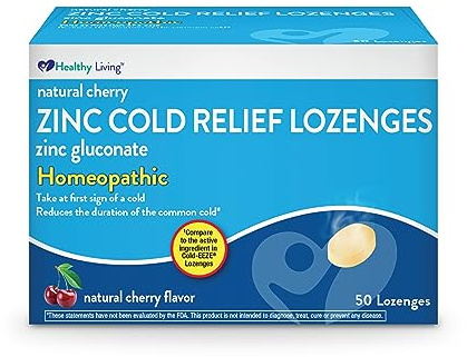 Healthy Living Cherry Zinc Lozenges, Homeopathic Cold Remedy, Reduces Duration of The Common Cold, Sore Throat, Cough, Congestion and Post Nasal Drip, 50 Count