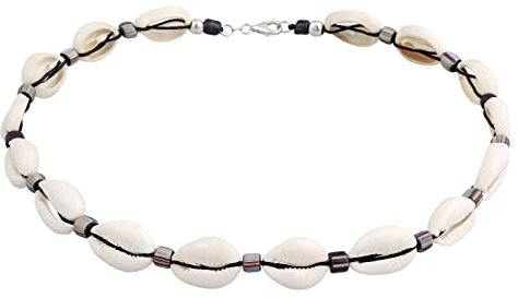 Kuzzoi Buddha Herren Kauri Muschel Halskette, Surfer Kette aus Kauri Muscheln (10-12 mm), Herrenkette mit indonesischen Glasperlen und 925er Silber Beads, Beach Accessoire Länge ca. 42 cm