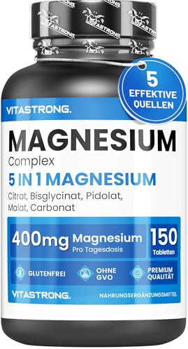 Magnesium Komplex 5-in-1, 400mg pro Dosis, 5 Quellen: Bisglycinat (Magnesium Glycinat), Citrat, Malat, Pidolat, Carbonat, 150 Tabletten, Reines Premium Qualität Vitastrong