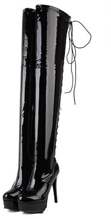 WILDKATZEN Damen Stiefel Plateau Overknees Boots Schnürstiefel mit Reißverschluss Lack Schwarz 45 EU