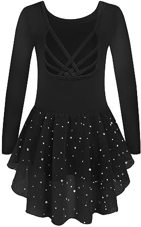 Arshiner Ballettkleid Mädchen Ballett Kleidung Schwarz Ballettanzug Langarm Balletttrikot mit Tutu Ballettrock Kinder Ballerina Kleid 150/7-8 Jahre