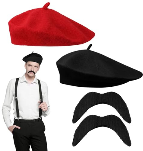 FUIPVGI 4 pièces Costume de déguisement français béret moustache adulte unisexe moustache pour déguisement accessoire de cheveux tenue. (noir rouge)