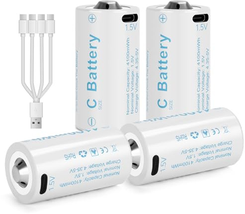 Rechargeable Lithium C Battery 4 Pack, Batteries c Size，Long Lasting1.5V C Batteries Rechargeable with 4 in 1 USB-C Charge Cable for Television Remote, Flashlights