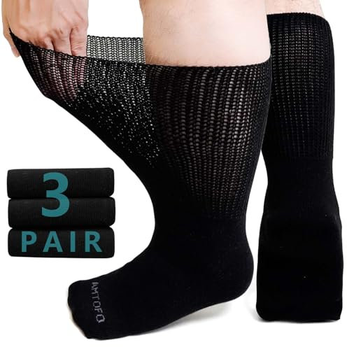 ZFSOCK Diabetiker Socken Herren Damen Diabetikersocken Ohne Gummibund Ohne Naht für empfindliche Füße Baumwolle Gesundheitssocken Extra Weite Wadenlange Socken Atmungsaktive 3 Paar 39-46 Schwarz