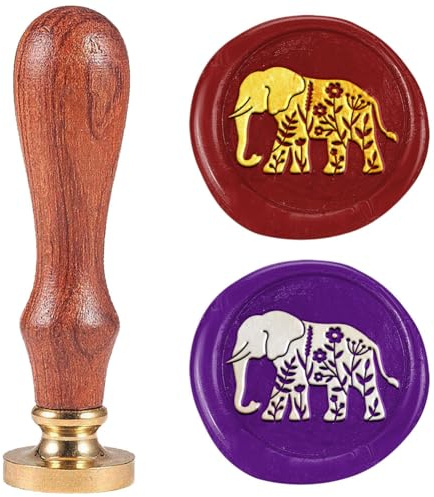 DELORIGIN Sceau de Cire à Motif D'Éléphant avec Fleurs Sauvages Tête en Laiton Amovible de 25mm avec Manche en Bois pour Enveloppes Cartes de Vœux Invitations Emballage Cadeau de Vin