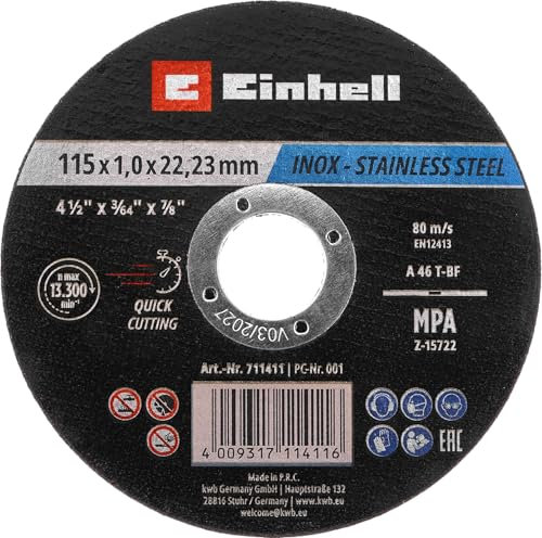 Discos de corte para metal originales de Einhell, 10 piezas, diámetro 115 mm en lata (separación rápida, procesamiento de metal, corte fácil, certificado MPA, independiente de la marca)