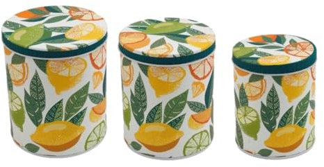 Sifcon International PLC Set of 3 Round Nesting Kitchen Storage Tin/Caddy/Canister/Containers for Tea, Coffee, Sugar - Citrus Burst Design - Yellow, Orange, Green - Largest - 16 cm