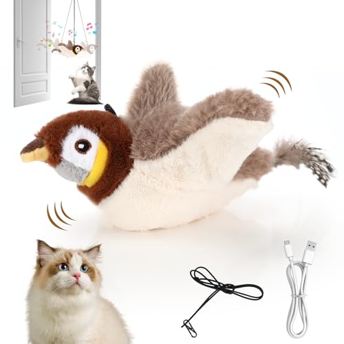 Collazoey Uccellino per Gatti Che Si Muove, Ricaricabile Flapping Bird Toy Cat, Gioco Per Gatto Interattivo Uccello Che Vola, che svolazza e cinguetta come un uccello, Uccellino per Gatti che si Muove