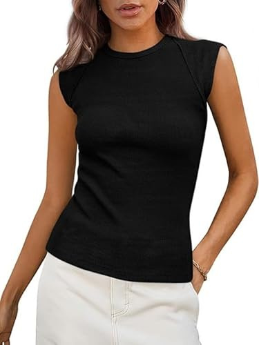 Sukiglam Camiseta Sin Mangas Mujer Verano Camisetas con Cuello Redondo Elegantes Slim Fit Ribbed Tank Tops Básica Casual Blusas Ajustado Camisola Shirt Color Sólido Chalecos Top para Oficina